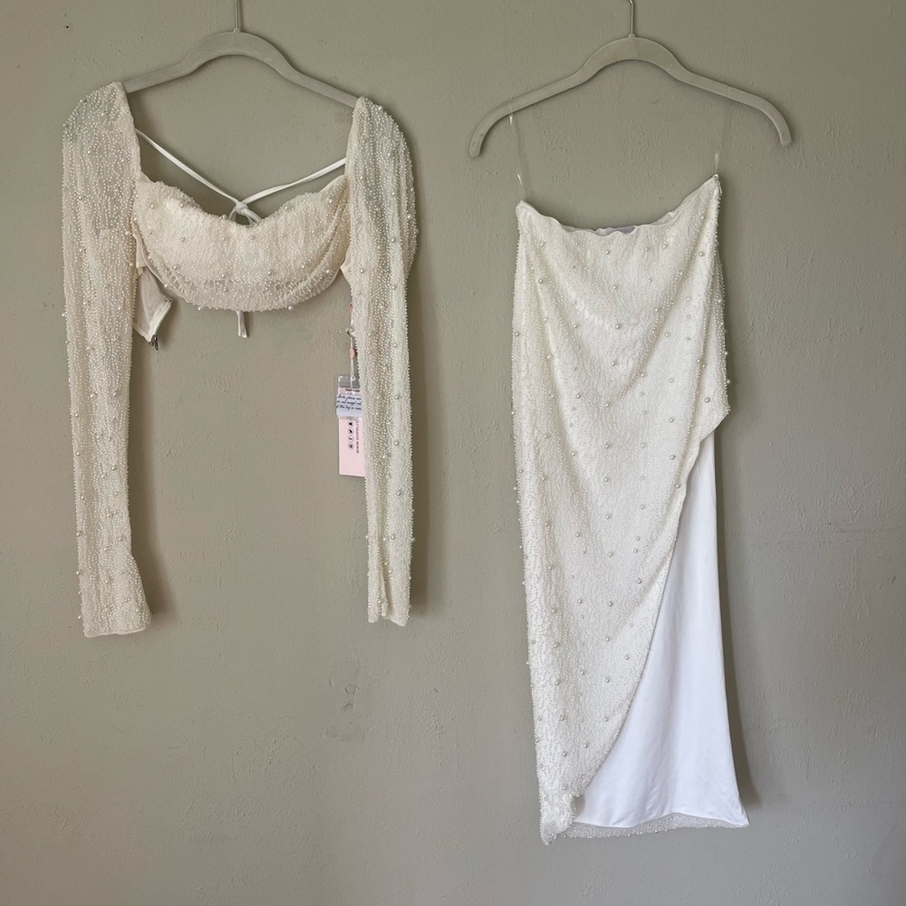 Matching Oh Polly co-ord Pearl & bead crop top and skirt